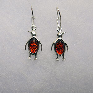 Boucles d'oreilles pingouin - bijou ambre et argent